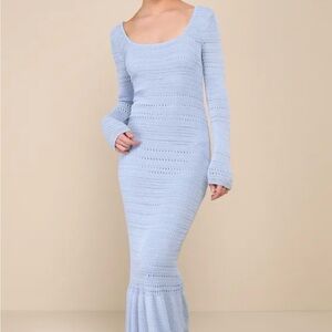 Sunset Moments Light Blue Crochet Long Sleeve Trumpet Midi Dress